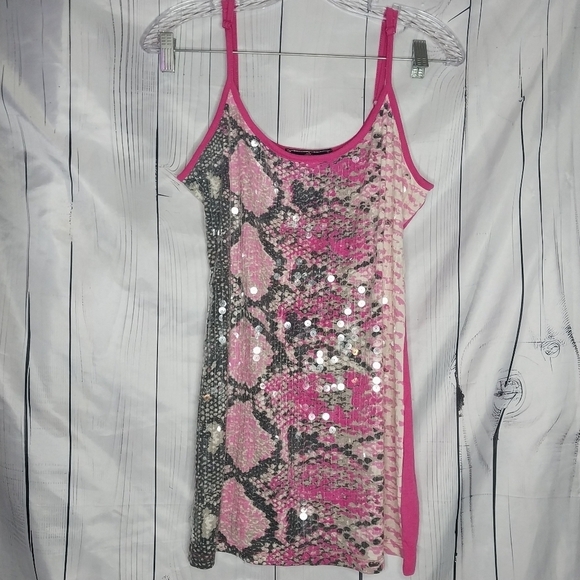 Almost Famous Tops - Almost Famous Pink and Silver Sequin Snakeskin Print Y2K Spaghetti Strap Top